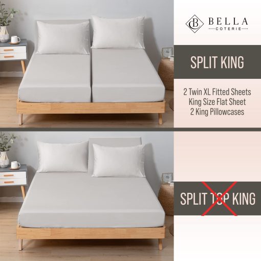 Juego de sabanas divididas de bambu Bella Coterie Luxury Split King | Cultivado organicamente | Ultra suave | Refrigerante para personas que sufren de calor | Bolsillo profundo de 18" | Viscosa de bambu [Gris Neblina] - Imagen 2