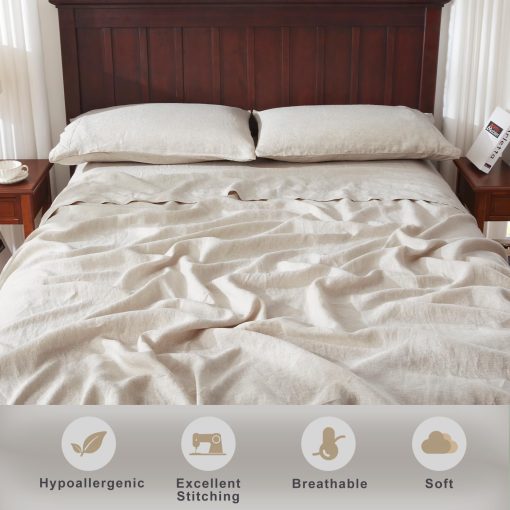 Juego de sabanas de lino puro TOSMO, 100% lino natural frances Juego de ropa de cama 4 piezas (Queen, 1 sabana plana, 1 sabana ajustable, 2 fundas de almohada) - Lino natural - Imagen 3