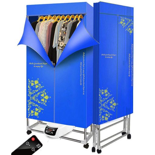 Secadora de Ropa Portatil 110v-240v Electrica Plegable Maquina de Secado Domestico Plegable con Control Remoto Temporizador Ajustable Bajo Ruido para Hogar, Lavanderia, Apartamento (Azul Marino-Flores)