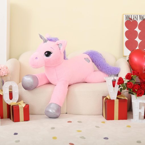 Peluche Grande de Unicornio Lanmore Juguetes Suaves de Unicornio Almohada de Peluche para Ninas Rosa 43" - Imagen 6