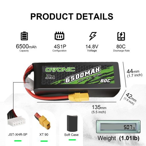 Bateria de Lipo OVONIC 80C 4S 6500mAh 14.8V con Conector XT90 para Autos y Camiones RC a Escala 1/5, 1/8 - Imagen 2