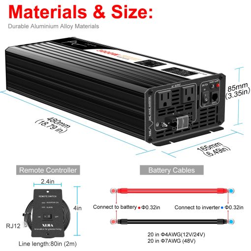 Inversor de Corriente de Onda Sinusoidal Pura Xijia 3000W (Potencia Pico 6000W) DC24V a 110V 120V Convertidor de CA 60HZ con Arranque Suave para Coche y Camping (DC24V (Rango 20V-30V) 3000W) - Imagen 2