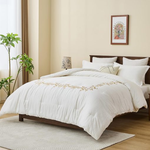 Juego de edredon de algodon egipcio de gran calidad SahSahCasa tamano Queen, Edredon esponjoso, Juego de ropa de cama de algodon 100% para cama Queen, Edredon acolchado floral bordado ligero, 90" x 90", 3 piezas, Blanco - Imagen 3