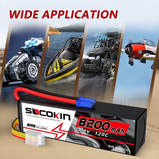 Bateria de Lipo 4S Socokin 14.8V 8200mAh 120C con Conector EC5 Estuche Suave para Coche RC X-Maxx Barco RC Camion de Carreras Helicoptero Aeroplano Paquete de 2 - Imagen 5