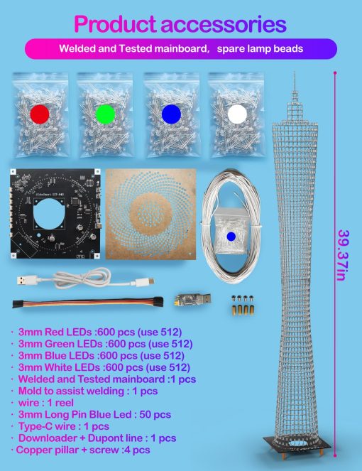 Kit Electronico DIY iCubeSmart Led Canton Tower, Modelo de Cubo LED para Proyecto de Soldadura Hecho a Mano, 64 Circulos LED, Altura 1 Metro (GZT-64) - Imagen 6