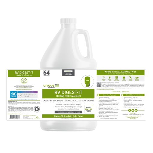 Unique RV Digest-It Classic, Tratamiento para Tanques Negros de RV - Tratamiento Concentrado liquido para Inodoro RV - Elimina Olores, Liquifica Residuos, Previene la Lectura Incorrecta del Sensor, Cumple con normativas de California (128 oz.) - Imagen 2
