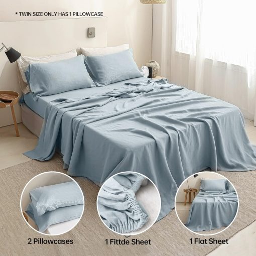 Juego de sabanas de lino Simple&Opulence 100% 4 piezas Estilo Basico, Bolsillo Profundo, Lino frances lavado natural Suave Sabanas transpirables - Azul Polvoriento, Tamaño Queen - Imagen 5