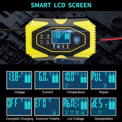 Cargador de bateria y mantenedor de carros Shentec 12V 6A / 24V 3A, Inteligente Display LCD de 7 etapas para Automoviles, Motocicletas, Baterias de Plomo-acido - Imagen 4