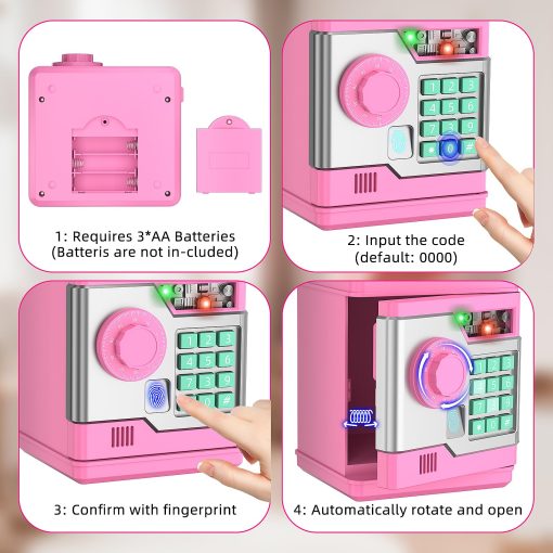 Hucha Automatica Electronica NAFEIV para Ninos y Ninas con Contrasena y Desbloqueo de Huella Dactilar Simulacion, Caja de Dinero Segura para Ninos Juguetes para Ninos de 3 4 5 6 7 8 9 10 Anos (Rosa) - Imagen 4