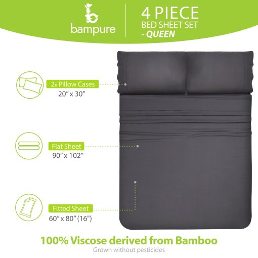Juego de sabanas de lujo BAMPURE Serie Queen - 100% Puro Viscosa derivada de Bambu Sabanas Tamano Queen - Sabanas Queen Super Suaves para Dormidores Calurosos - Bolsillo Profundo de hasta 16? Sabanas Queen (Gris Carbon) - Imagen 3