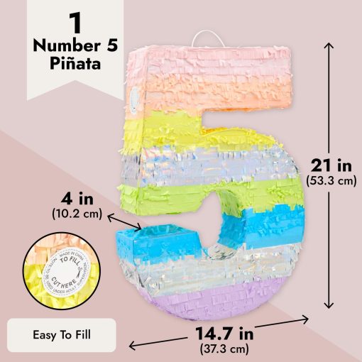 PInATA DEL NuMERO 5 DE BLUE PANDA - Pinata grande del numero 5, Pinata de arco iris pastel, Decoraciones para el 5to cumpleanos de ninas (21x14.7x4 pulgadas) - Imagen 3