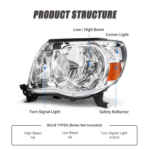 Conjunto de faros ADCARLIGHTS Compatible con Toyota Tacoma Pickup Truck 2005 2006 2007 2008 2009 2010 2011 Ensamblaje de Faros en Carcasa Cromada Reflector ambar Lado del Conductor y del Pasajero - Imagen 4