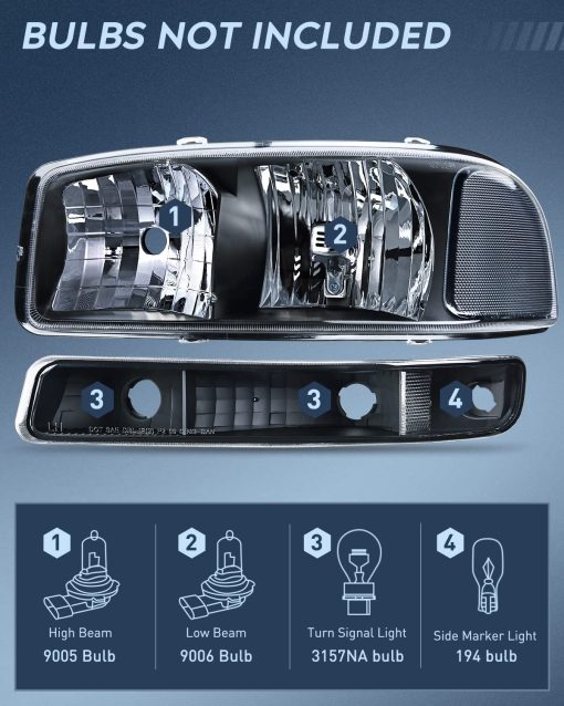 Ensamblaje de faros Nilight compatible con 1999 2000 2001 2002 2003 2004 2005 2006 GMC Sierra Yukon, Carcasa Negra Borde Claro Lente Claro, Reemplazo de conjunto de faros - Imagen 2