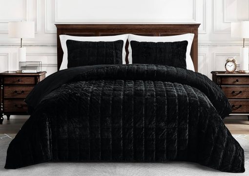 Set de Colcha de Terciopelo Negro Chezmoi Collection Piers Oversized King, Juego de 3 Piezas de Ropa de Cama de Terciopelo Difuso Lujoso y Ligero para Todas las Estaciones - Reverso de Microfibra Cepillada con Doble Costura Cuadrada - Imagen 2