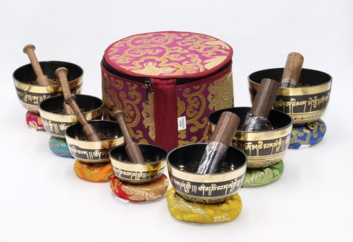 Set de 7 Cuencos Tibetanos SANSKAR NEPAL Om Mane Padme Hum de Lado Alto con Estuche | Cuencos para Meditacion y Yoga | Instrumentos de Terapia del Sonido para Relajacion