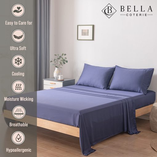 Juego de sabanas de lujo Bella Coterie Split King de bambu | Cultivado organicamente | Ultra suave | Refrigerante para los que duermen calientes | Bolsillo profundo de 18" | Viscosa hecha de bambu [Azul Crepusculo] - Imagen 3