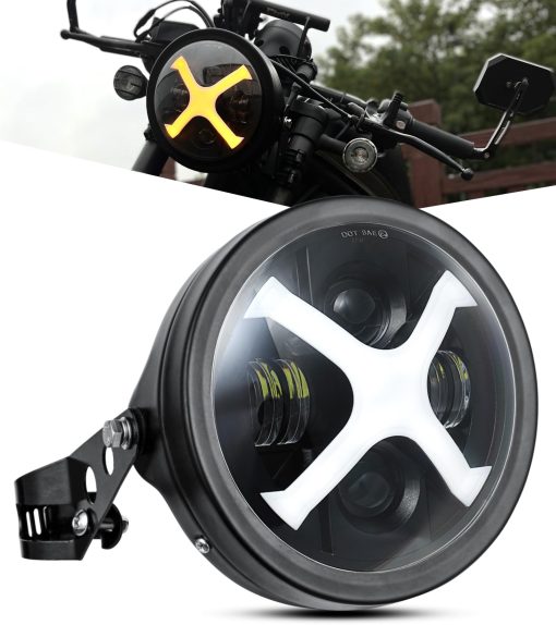 PKEDUO Faro de Motocicleta, Blanco/ambar X DRL 7inch Faro Redondo LED con Cubierta Compatible con Buell Blast Cafe Racer CB400 SV650 Vulcan
