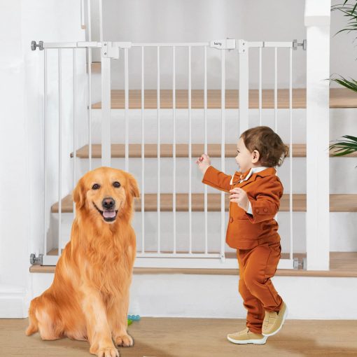 Puerta extra alta Keny de 36" para bebes en escaleras, Puerta para perros de 29"-42.5" de ancho con cierre automatico, Puerta de mascota de facil acceso montada a presion para puertas, Puerta de seguridad duradera para escaleras, Blanco