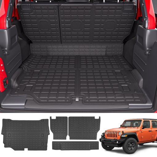 Tapete de Carga Compatible con Jeep Wrangler JL 4XE 4 Puertas 2021-2024 Alfombra de Maletero Alfombra para Respaldo Reemplazo de TPE para Accesorios Jeep Wrangler JL 2021-2024 (Para JL 4XE 21-24, Alfombra de Maletero+Alfombra para Respaldo)