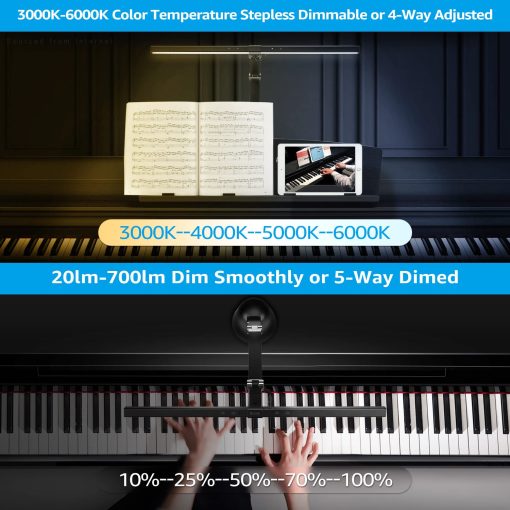 Luces de Piano ESCENA para Piano Vertical, 12W Profesional Led de Cuidado Ocular con Atenuacion Automatica, 3000K-6000K, Temporizador de 2H CRI 95, Luz de Soporte para Musica Regulable, Base Estable, Certificado ETL, Negro - Imagen 3
