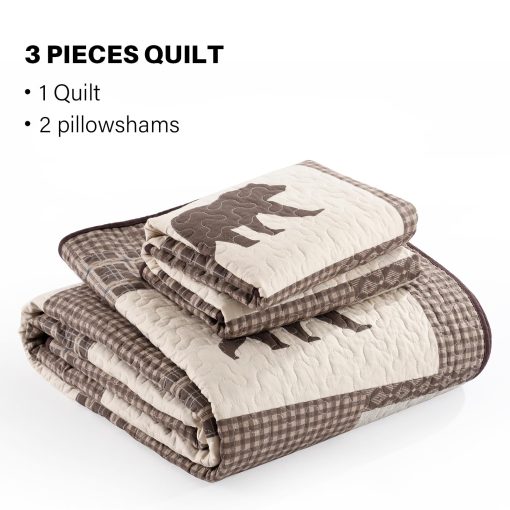 Colcha de Granja Quilta Tamano King - Juego de Ropa de Cama de Patchwork a Cuadros de Algodon 100% con Patron de Animales, Suave y Ligero Colcha Bohemia de 3 Piezas para Todas las Estaciones, Marron/Beige - Imagen 6