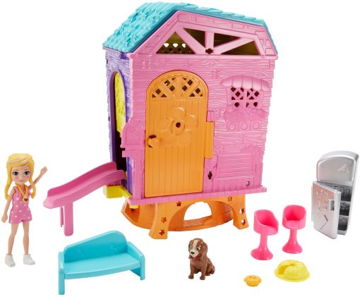 Clubhouse Super Secreto de Polly Pocket de 2 Niveles con Dormitorio, Cocina, Tobogan, Muneca Polly de 3 pulgadas, Figura de Perro Peaches, Sofa, Silla, Accesorios de Pastel; Para Edades de 4 y mas