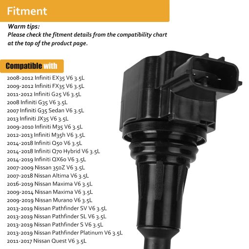 Paquete de bobinas de encendido compatible con V6 3.5L 3.5 2009-2020 Nissan Maxima Murano Altima Pathfinder Quest 350Z, 2008-2012 In-finiti Q50 Q70 QX60 EX35 FX35 G25 G35 M35 M35h, UF550, Juego de 6 - Imagen 4