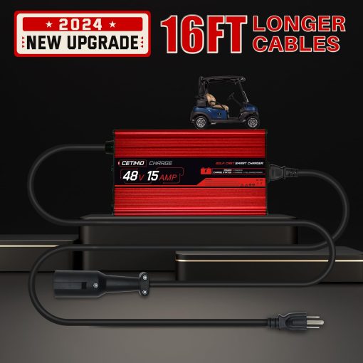 Cargador de Bateria de Carro de Golf de 48 Voltios Nuevo para Club Car, 15 Amperios Cargador Rapido con Carga Trickle- 3 Pin Conector Redondo, Carga Completa en 4-6 hrs para Baterias de acido de Plomo, Reemplaza Cargador DS, 900W, Inteligente, 16FT - Imagen 4