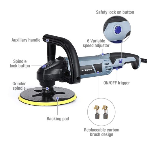 Pulidora Buffer WORKPRO - 7 pulgadas para coche con 4 almohadillas de pulido y pulido, 6 velocidades variables 1000-3800 RPM, mango desmontable, ideal para detallado de coches, lijado, pulido, encerado - Imagen 4