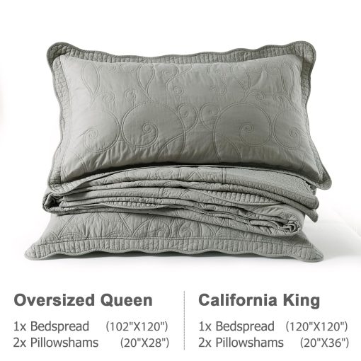 Colcha Queen Size Oversized Finlonte 120"x102" - 100% Algodon con Bordado en Enredadera, Colcha Acolchada Gris Solido, Conjunto de Colcha Extra Grande Suave para Cama Queen con 2 Fundas de Almohada - Imagen 7
