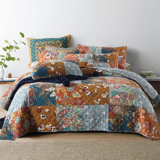 Juego de Colchas de Algodon Camandy 3 Piezas Reversible de Lujo con Estampado Paisley Floral Marron, Tamaño King
