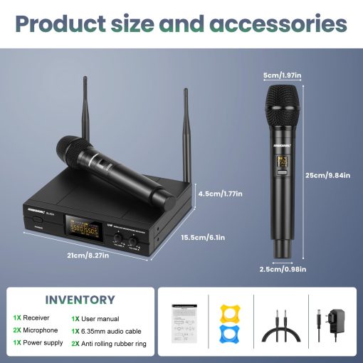 Sistema de Microfono Inalambrico de Doble UHF con Microfono Dinamico de Mano Set de Microfono sin Cable Rango de Trabajo 180ft con Conector XLR y Jack de 1/4 de Pulgada para Iglesia Maquina de Karaoke Discurso Fiesta de Bodas Canto - Imagen 5