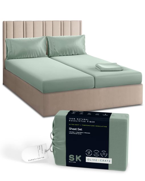 Juego de Sabanas Split King de Olive + Crate para Cama Ajustable, 100% Fibra de Tencel Eucalipto Certificada de Austria, Mejor que la Seda y el Lino, Sabanas Refrescantes para Personas Calurosas, Sage Primavera (106" x 107")