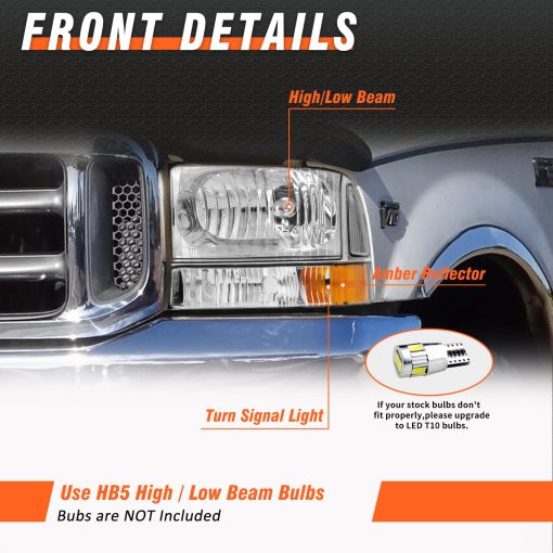 Conjunto de Faros Delanteros Compatible con Ford F250 F350 F450 F550 Super Duty/2000-2004 Ford Excursion con Juego de Esquina Cromado de ambar de Repuesto - Imagen 2