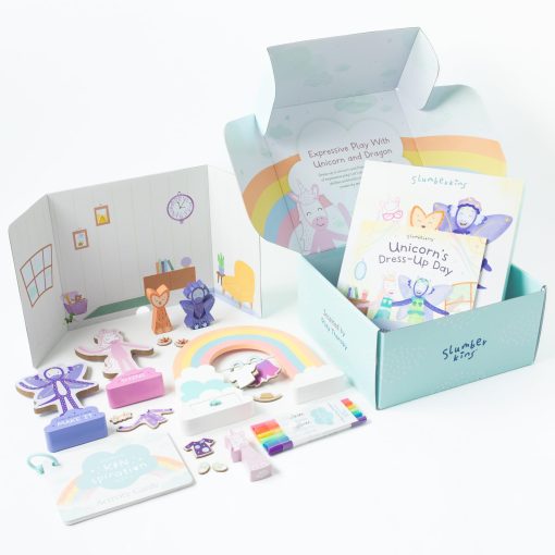 Slumberkins Kinspiration Kit - Juego Expresivo con Unicornio y Dragon, Incluye Tarjetas de Actividades, Juego y Libro para Vestir al Unicornio - Fomenta la Creatividad y el Juego Sensorial - Imagen 9