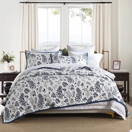 Edredon Floral Gris Azul BCOTTOND Tamano Queen - Juego de Edredon de Algodon 100% Funda de Cama Tamano Queen Ligero Reversible Suave Colcha de Cama Juego de Ropa de Cama para Todas las Estaciones de 3 Piezas