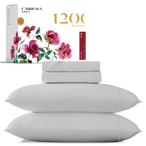 Juego de sabanas Carressa Linen 100% algodon egipcio tamano California King - 1200 hilos 4 piezas Cal King sabanas algodon egipcio, sabanas saten refrescantes, sabanas de alto hilo California King - Gris Claro