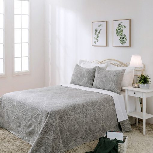 Edredon de Algodon Reversible con Bordado de Medallon de ELEGANT LIFE HOME - Queen 90 x 95 pulgadas, Gris - Imagen 2