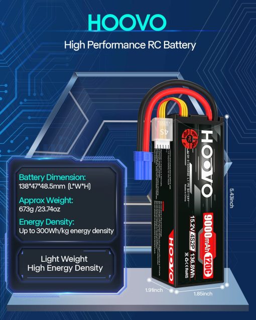 Bateria Lipo HOOVO 4S 15.2V 9000mAh 120C Bateria RC Alta Tension Estuche Duro Conector EC5 Compatible con Autos RC Barcos Camiones Buggies Drones Vehiculos RC Paquete de 2 - Imagen 3