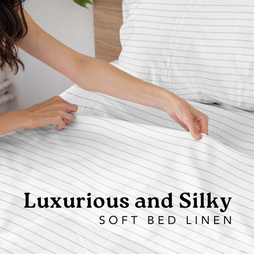 Linenbundle Sabana Plana de Lujo Suave y Sedosa - 500 Hilos, Transpirable, Elegante Comfort, Sin Arrugas, 100% Algodon de Fibra Larga, Certificado Oeko-TEX, Rey Rayas Grises - Imagen 4