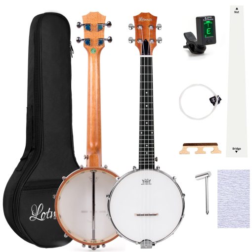 Banjolele, Banjolele de Viaje Sapele de 26 Pulgadas con 4 Cuerdas Lotmusic Remo Drumhead Open Back y Kit para Principiantes con Cuerda Extra Llave Allen Afinador Papel de Lija Regla y Bolsa