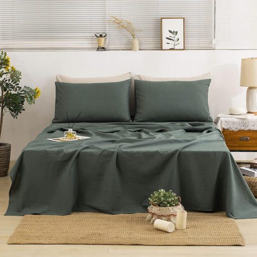 Juego de sabanas de lino TUMEI 100% Queen - 4 piezas Juego de sabanas de lino verde Queen con sabana bajera ajustable de bolsillo profundo, suave y transpirable y funda de almohada, Verde Queen