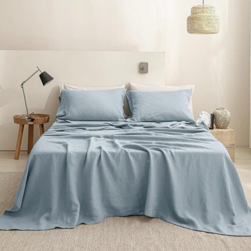 Juego de sabanas de lino Simple&Opulence 100% 4 piezas Estilo Basico, Bolsillo Profundo, Lino frances lavado natural Suave Sabanas transpirables - Azul Polvoriento, Tamaño Queen - Imagen 9