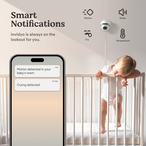Monitor de bebe inalambrico con camara y audio Invidyo: Seguimiento del sueno, alertas de llanto, deteccion de tos | Aplicacion de telefono inteligente inalambrico Pan & Tilt 1080P Full HD Video - Imagen 8
