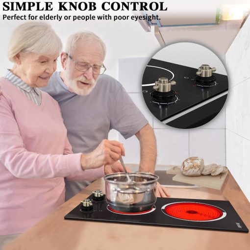 Jessier 12 Pulgadas Cocina Electrica - 2 Quemadores Incrustados Cocina Radiante Electrica con Control de Perilla, Estufa Electrica de Ceramica con 9 Niveles de Calentamiento, Indicacion de Calor Residual, 220-240V Cableado Duro (Sin Enchufe) - Imagen 2