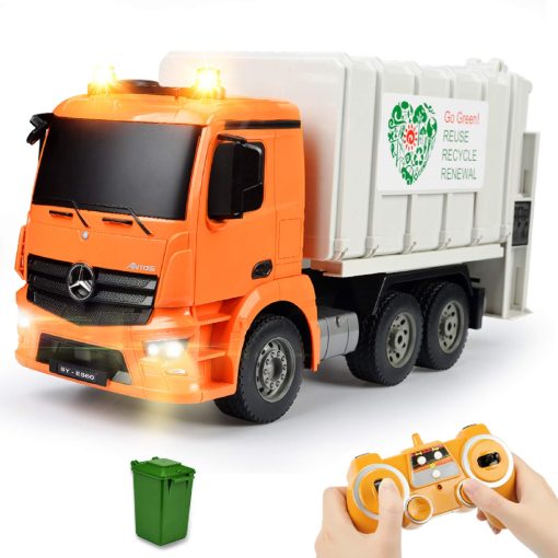 Camion de Basura de Control Remoto con Licencia Benz DOUBLE E Juguete Electrico de Reciclaje con Contenedor de Basura Luces Reales Camion de Gestion de Residuos Recargable Regalo para Ninos
