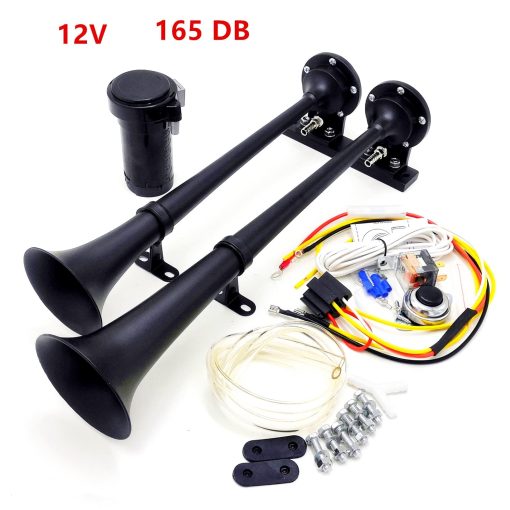 Viping Claxon de Aire Negro 165DB Trompeta de Barco Claxon Electrico 45cm Tono Alto y Bajo Claxon Doble Tubo de Zinc Cromado Compresor Super Fuerte Parlante de Coche Claxon para Barco Coche Yate RV de 12V, etc. - Imagen 3