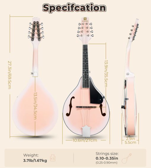Mandolina Vangoa A Style Instrumento Musical Mandolina para Principiantes Ninos Adultos, Mandolina Acustica de 8 Cuerdas Kit Inicial de Caoba, Rosa - Imagen 9
