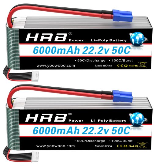 HRB 2pcs 6S 6000mAh Bateria Lipo EC5 50C-100C 22.2V Compatible con Helicoptero Coche Avion Barco RC