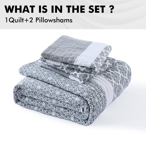 Sets de edredon King PERHOM 100% algodon, Edredon King Size gris azulado con estampado floral, Juego de ropa de cama King ligero para todas las estaciones, 3 piezas - Imagen 6